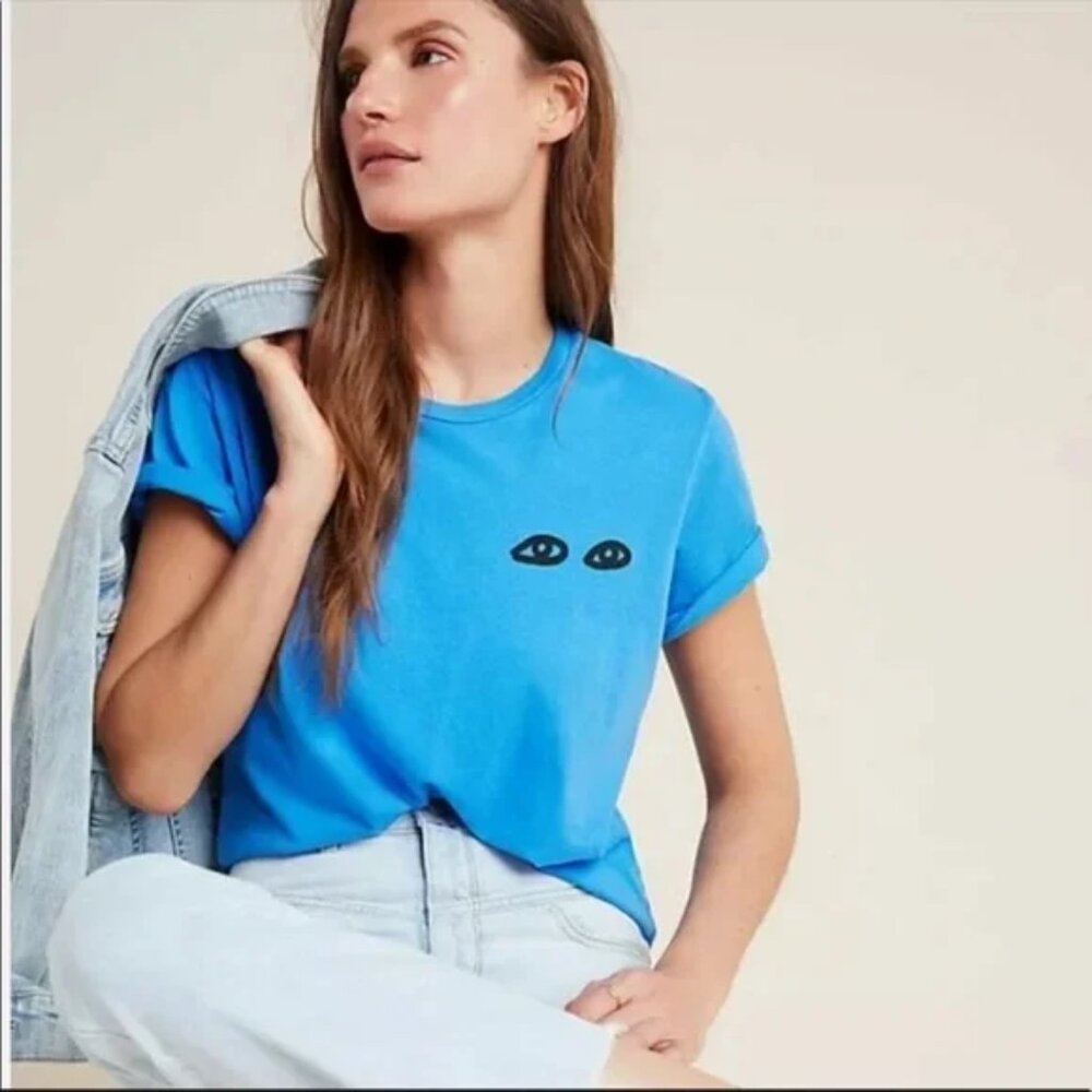 Clare V Bright Blue Short Sleeve Tee with Small Black Eye Motif